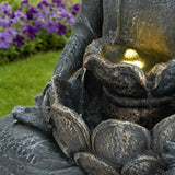28" Height Zen-Style 2-Tier Meditating Buddha Water Fountain with Pump & LED Light, Outdoor Waterfall & Buddha Statue for Garden, Patio & Backyard