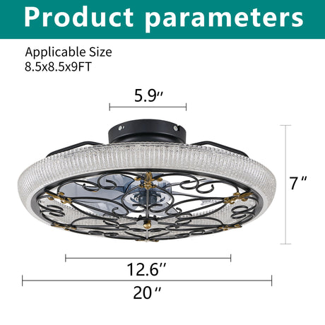 20" Caged Ceiling Fan With Remote Control And Crystal Sand Lampshade - Matte Black