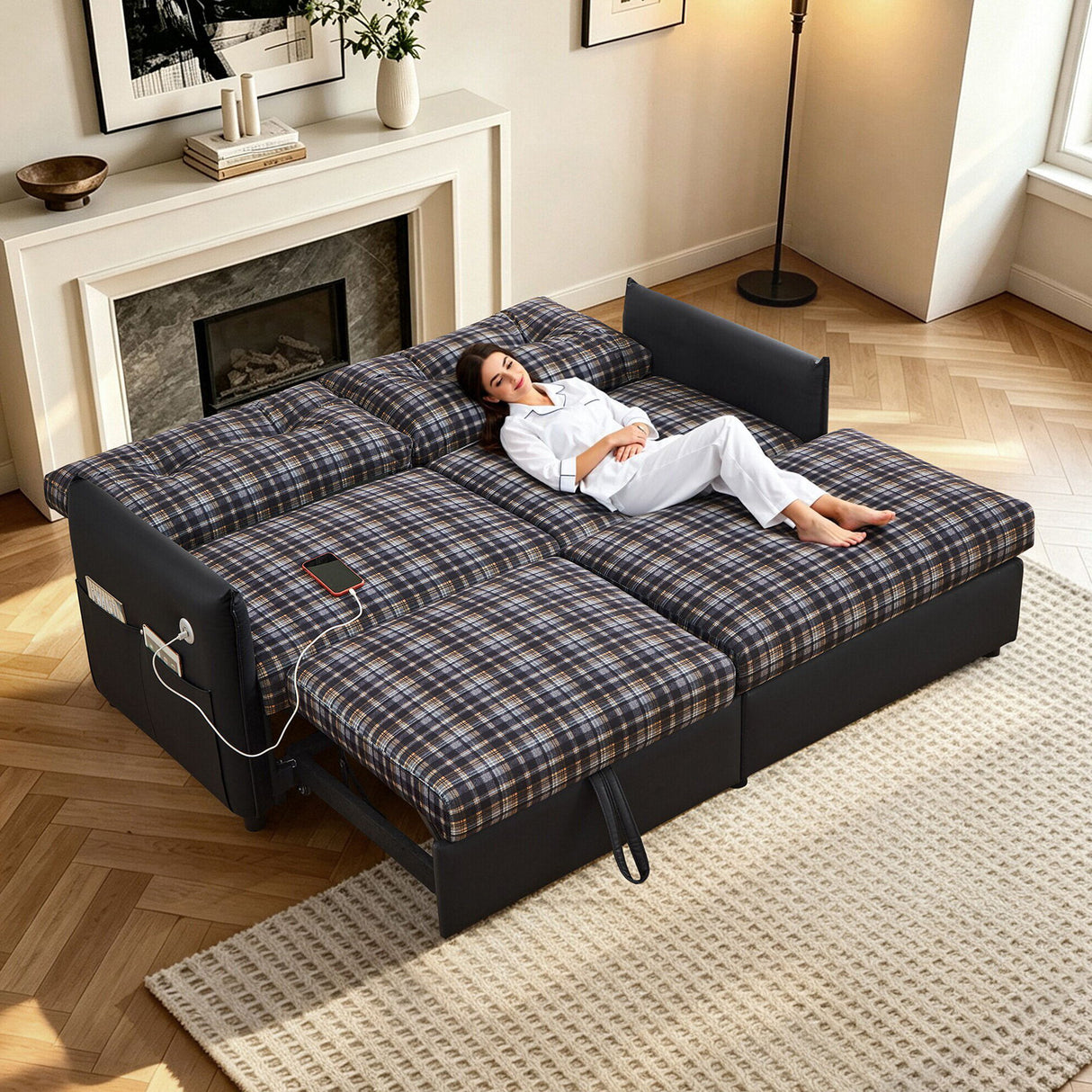Sleeper Sofa, Expandable Sectional With Ottoman For Living Room