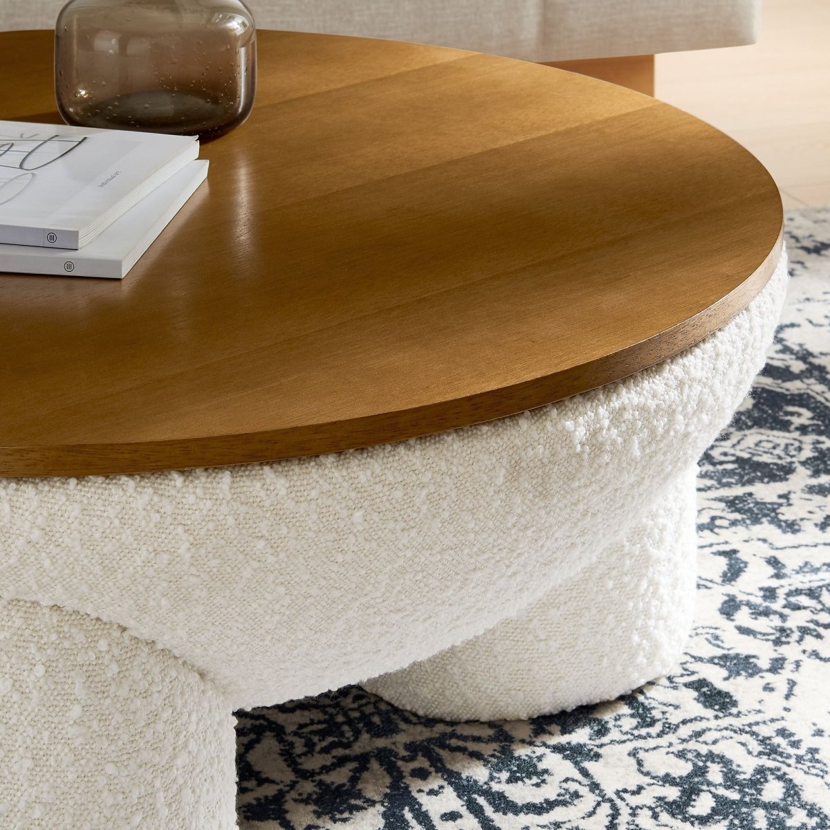31 Inch Round Boucle Upholstered Storage Coffee Table in Natural Ivory - Coffee Tables available at Alpine Outlets in Denver