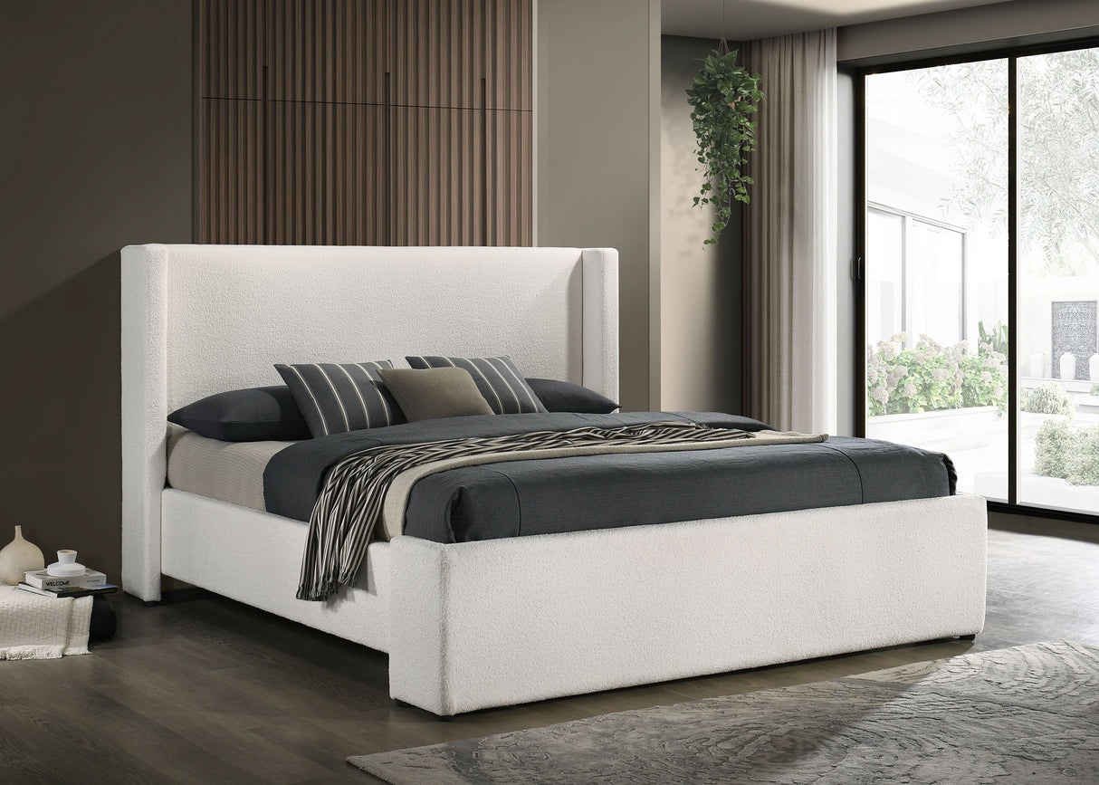 White Fabric Upholstered Eastern King Bed Frame