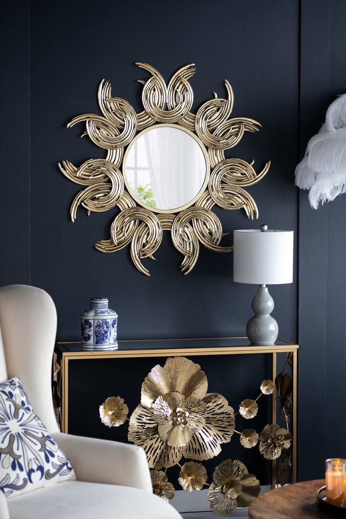 Sunburst Metal Decorative Mirror With, Boho Wall Decor Sun Mirror For Living Room Bathroom Enterway - Gold - Wall Mirrors - Alpine Outlets