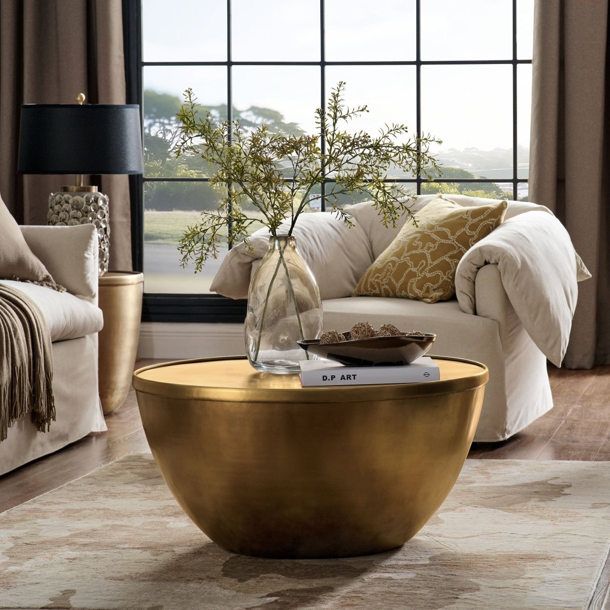 32 Inch Metal Drum Storage Coffee Table in Burnished Brass - Coffee Tables available at Alpine Outlets in Denver