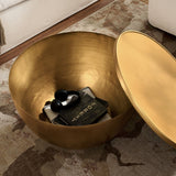 32 Inch Metal Drum Storage Coffee Table in Burnished Brass - Coffee Tables available at Alpine Outlets in Denver
