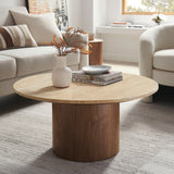 32 Inch Round Travertine and Walnut Pedestal Coffee Table - Coffee Tables available at Alpine Outlets in Denver