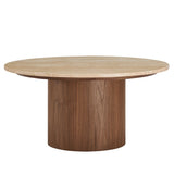 32 Inch Round Travertine and Walnut Pedestal Coffee Table - Coffee Tables available at Alpine Outlets in Denver