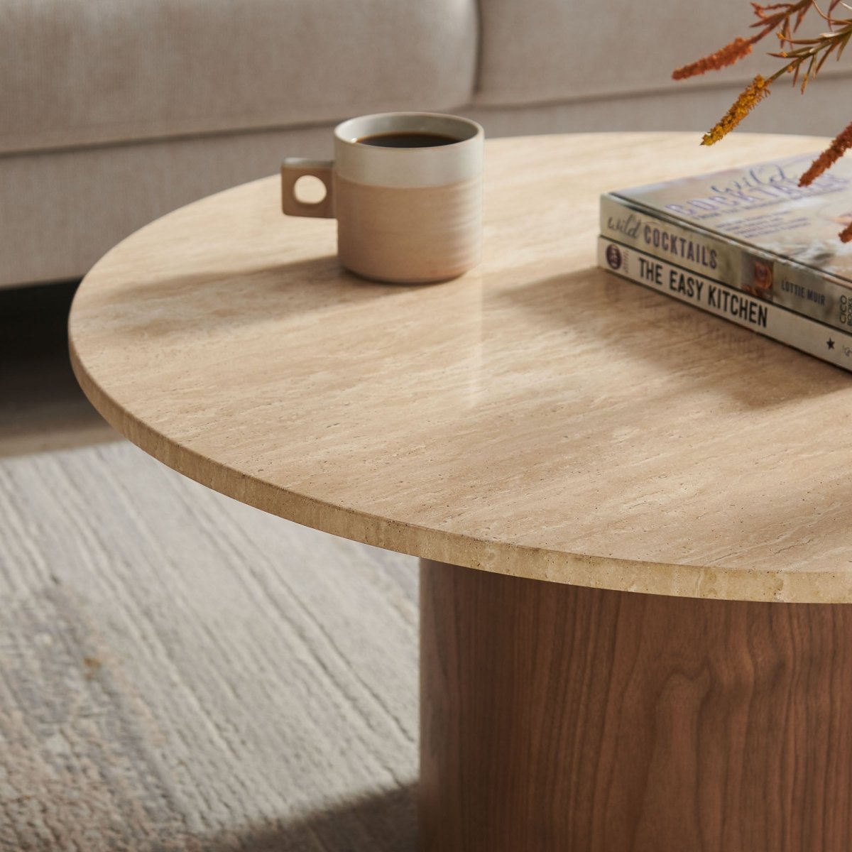 32 Inch Round Travertine and Walnut Pedestal Coffee Table - Coffee Tables available at Alpine Outlets in Denver