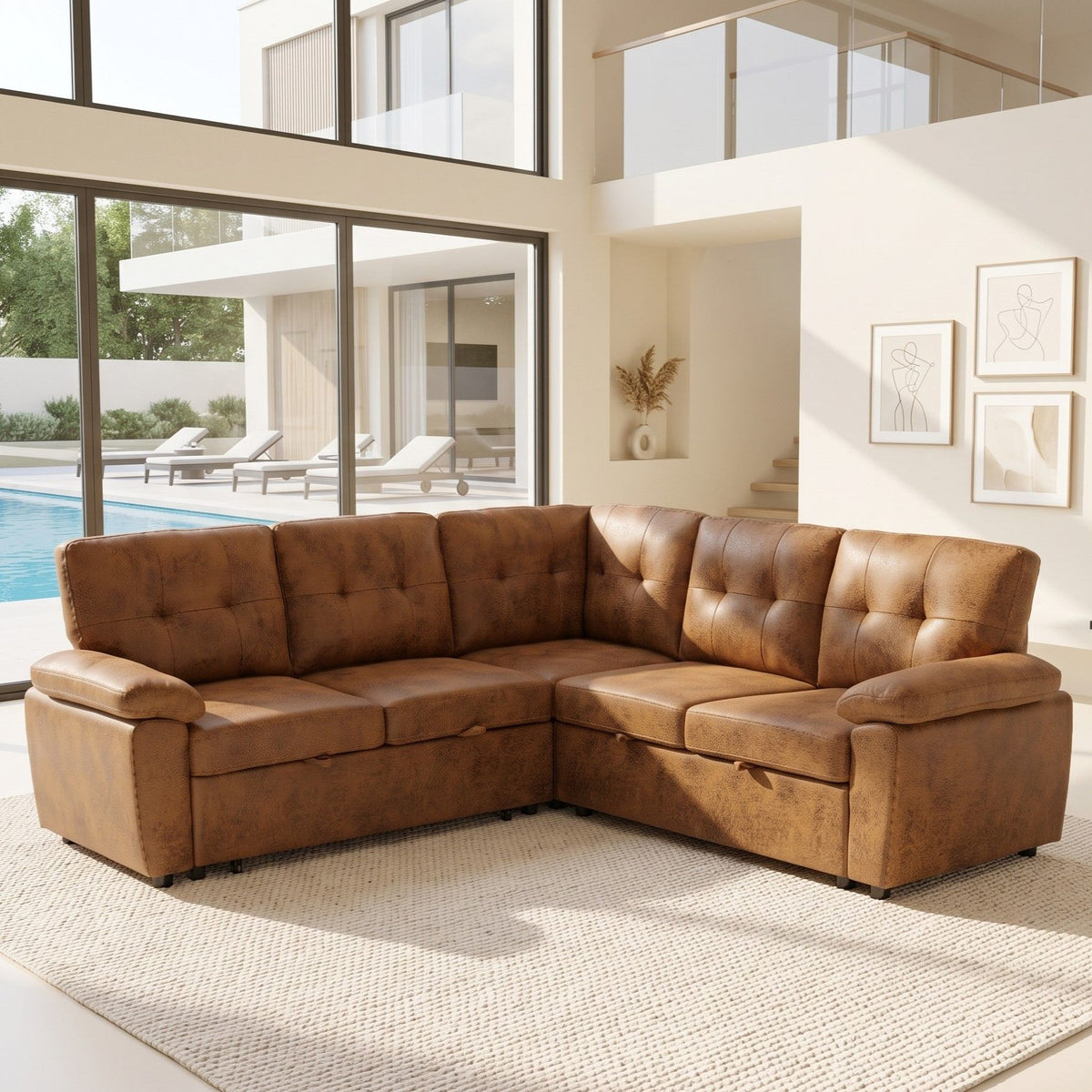 Convertible Sectional Sofa Bed With Pull Out Sleeper And Storage