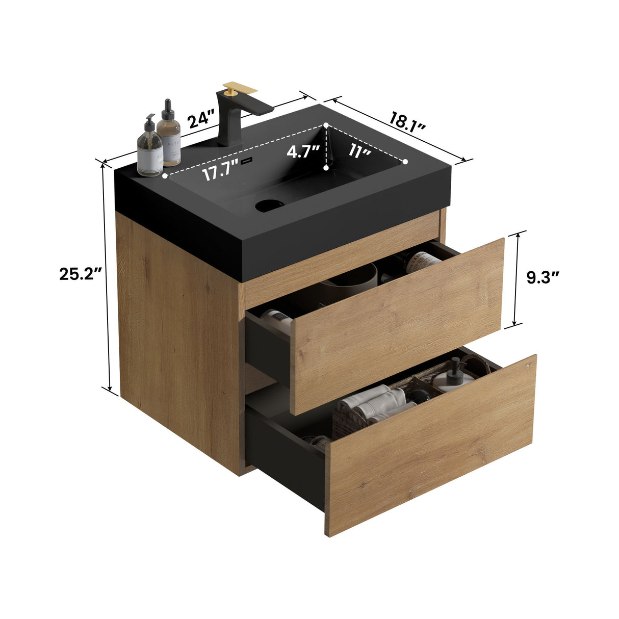 Alice - Natural Oak Bathroom Vanity With Sink, Large Storage Wall Mounted Floating Bathroom Vanity For Modern Bathroom, One-Piece Sink Basin Without Drain
