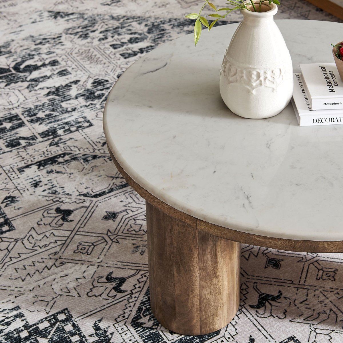 33 Inch Round Mango Wood and Genuine Marble Coffee Table in Walnut - Coffee Tables available at Alpine Outlets in Denver