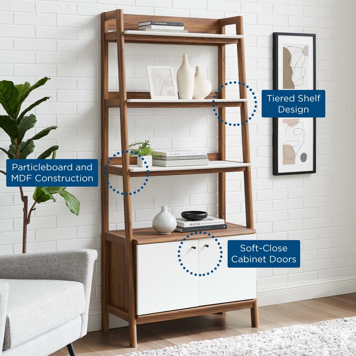 33" Tiered Display Bookshelf with Concealed Storage in Walnut White - Bookcases available at Alpine Outlets in Denver