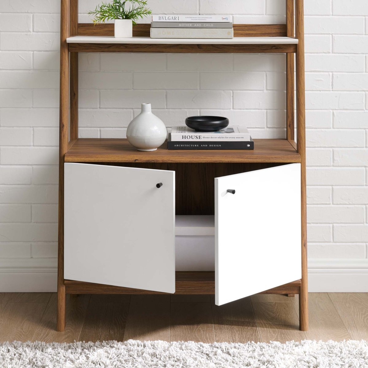 33" Tiered Display Bookshelf with Concealed Storage in Walnut White - Bookcases available at Alpine Outlets in Denver