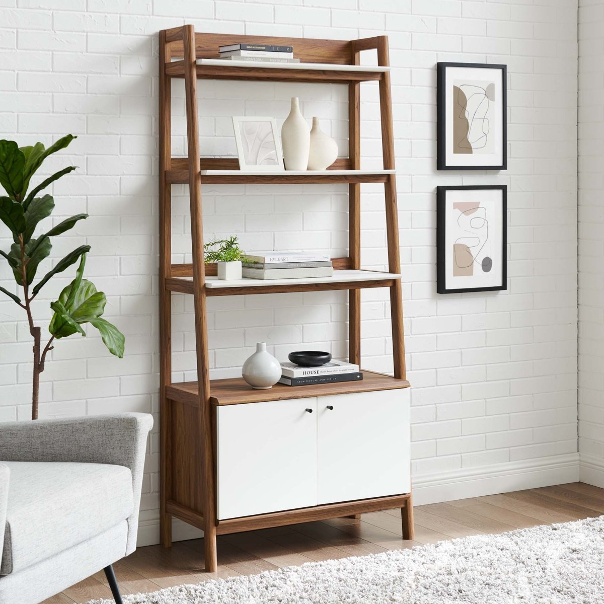 33" Tiered Display Bookshelf with Concealed Storage in Walnut White - Bookcases available at Alpine Outlets in Denver
