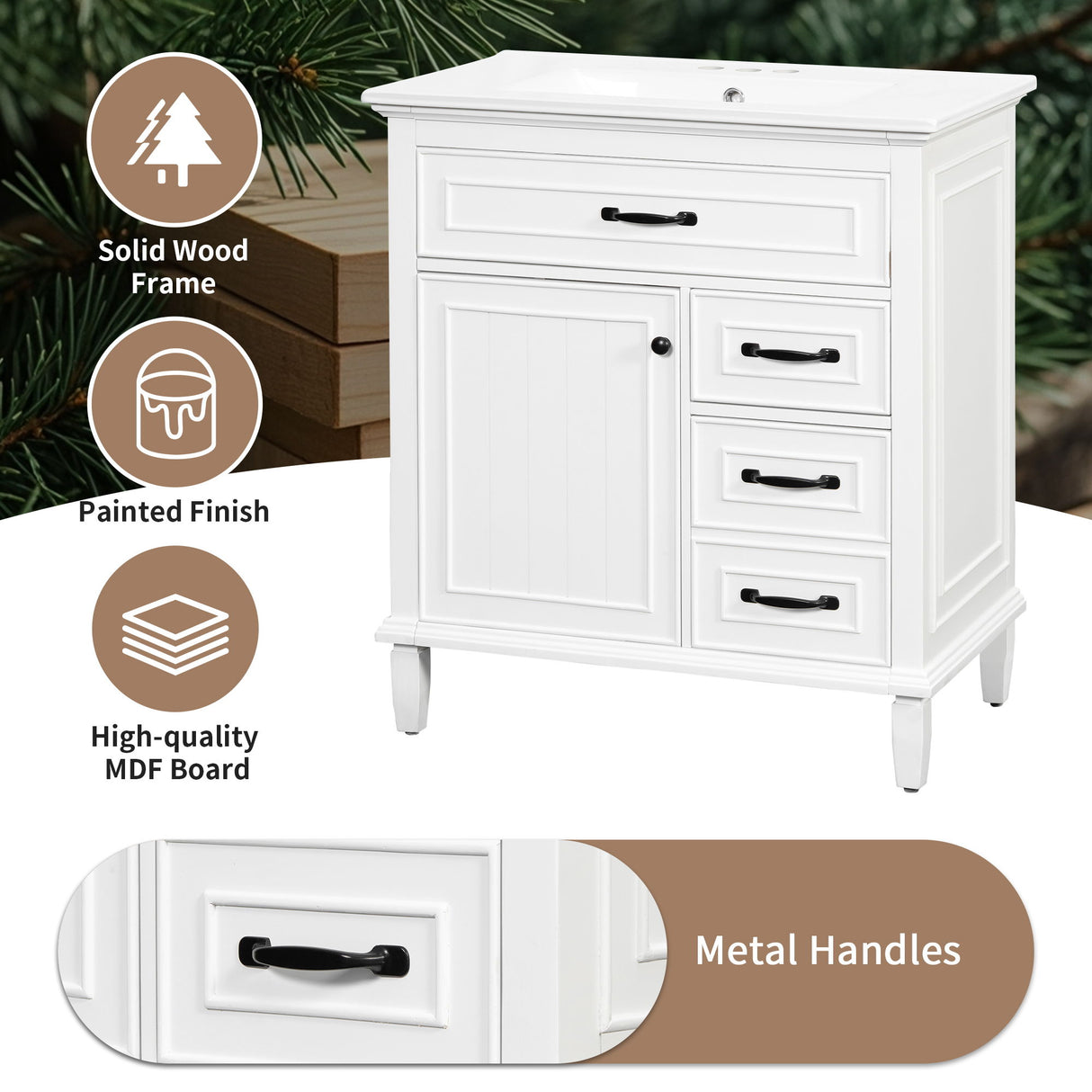 Bathroom Vanity With Sink Top, Flip Drawers, Adjustable Shelf