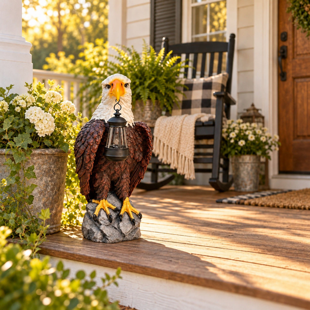 Solar Powered Bald Eagle Statue With Lantern, Outdoor Garden Decor - Black Brown
