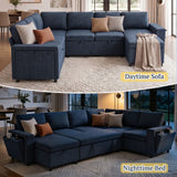 U - Shaped Convertible Sectional Sofa Bed With Storage, USB Charger & Cup Holders