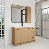 Freestanding Bathroom Vanity Set With Tall Side Cabinet, 3 Drawers And 3 Door Cabinet, Integrated Sink, Large Storage - Glossy White / Light Oak