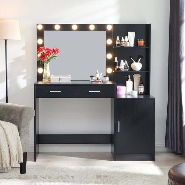 Vanity Desk With Mirror And Lights, 46.4In Dressing Table With 2 Large Drawer & Large Vertical Organizer, 3 Level Dresser & 3 Lighting Modes Adjustable Brightness, Suitable For Bedroom - Vanities & Mirrors - Alpine Outlets