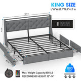 Platform Bed Frame With RGB LED Lights, Charging Station, Storage Headboard & 4 Underbed Drawers
