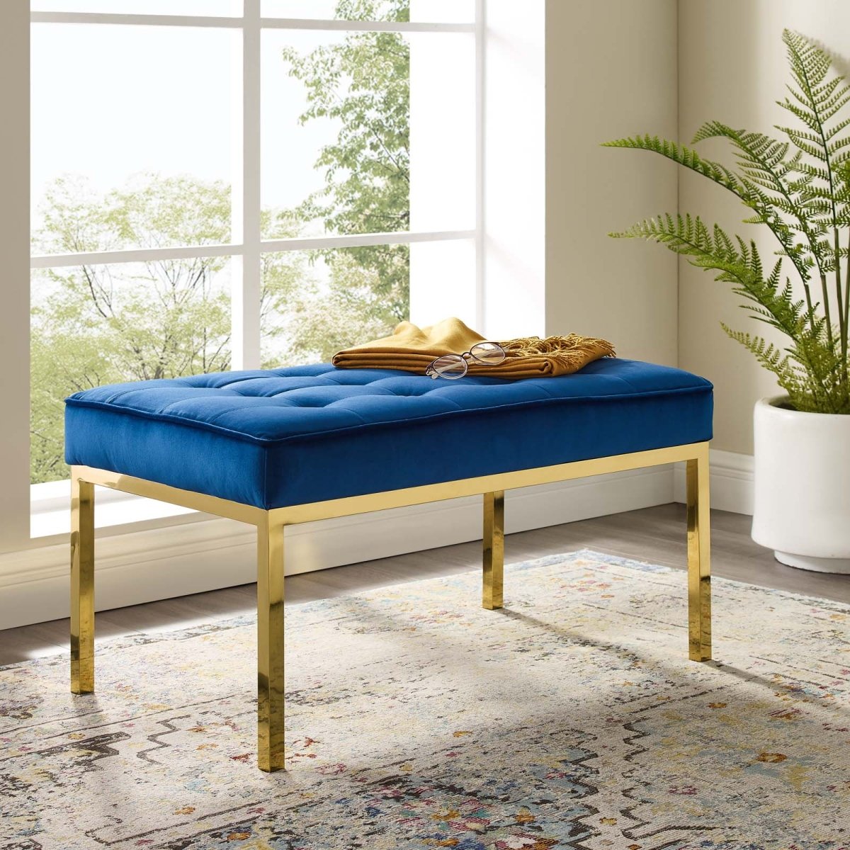34 Inch Iconic Button Tufted Performance Velvet Bench - Benches available at Alpine Outlets in Denver