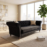 3 Seater Button Tufted Sofa With Rolled Arms, Living Room Couch With 2 Pillows - Black