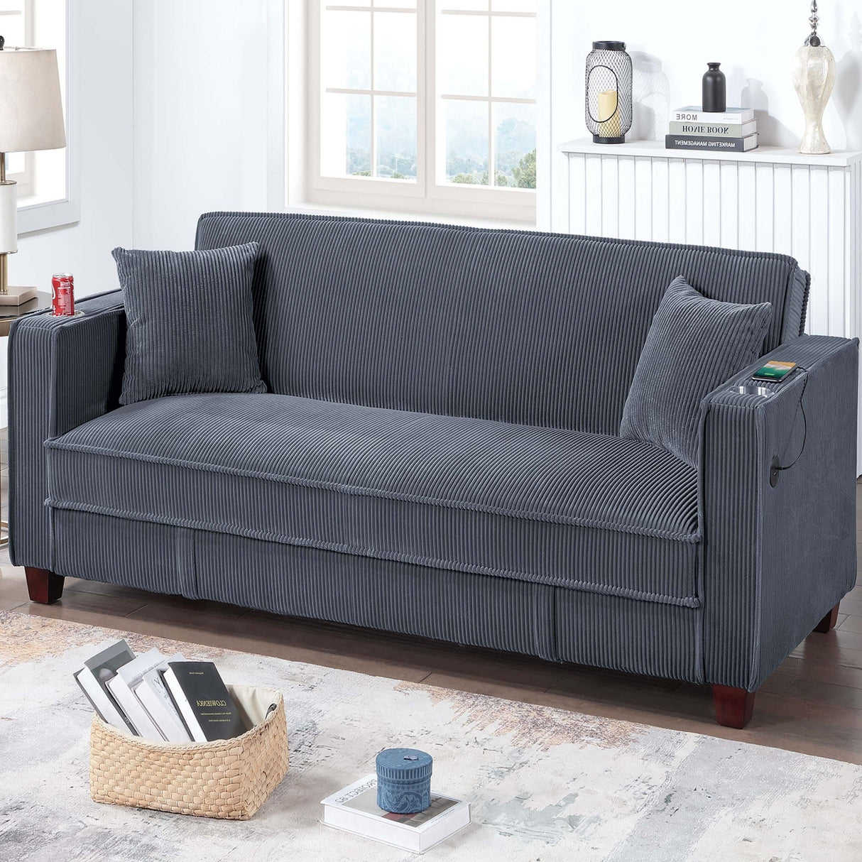 Modern Convertible Sofa With Hidden Storage USB Port, Cup Holder