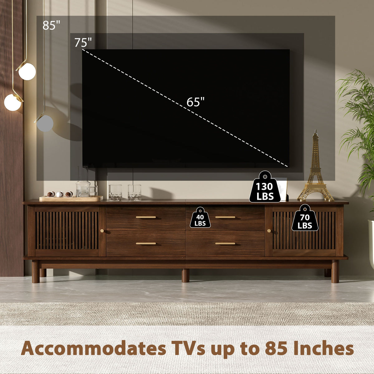 TV Stand For 85" TVs, 4 Smooth Glide Drawers - Walnut
