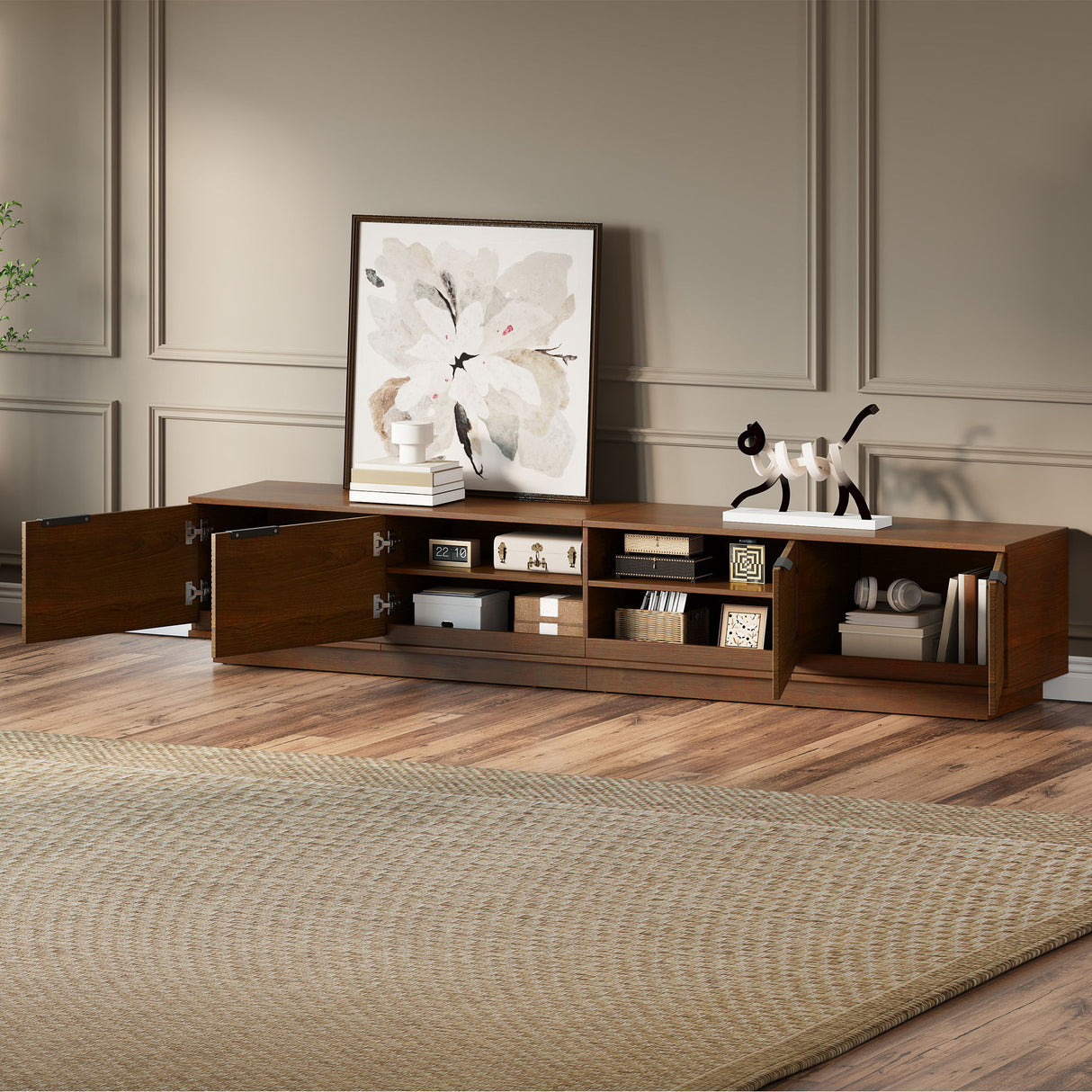TV Stand, Entertainment Center With Fluted Door & Cable Management, Soft Closing Hinges - Walnut