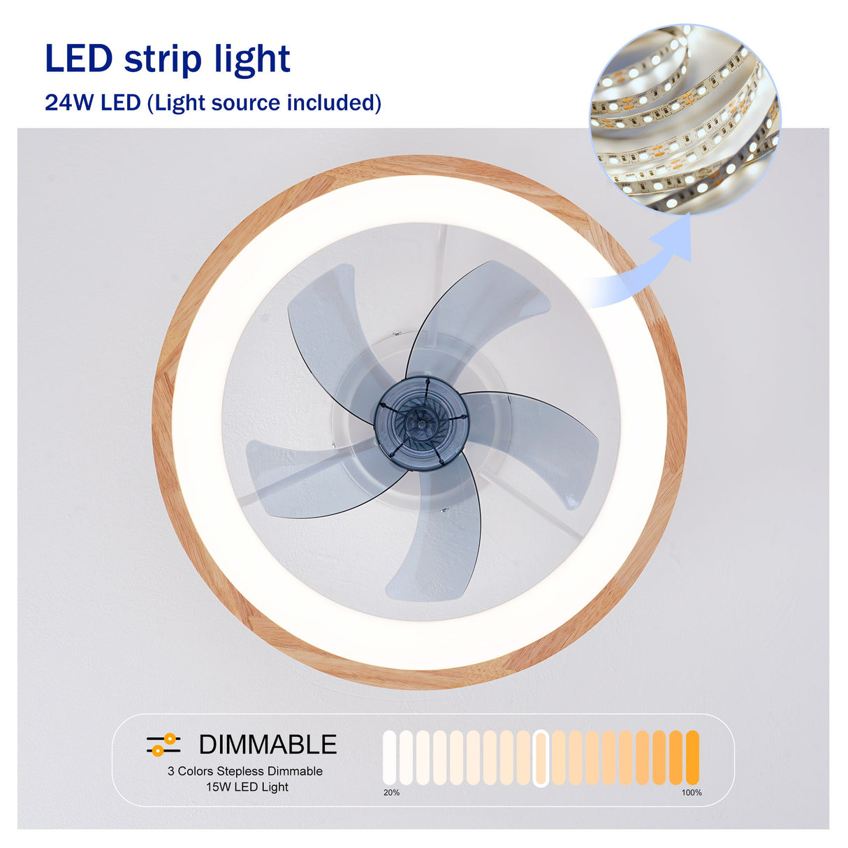 Ceiling Fans With LED Light Source And Remote Control, 3000 - 6500K Dimmable, 6 Speeds, Quiet DC Motor For Living Room - Natural Wood / White