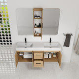 Floating Double Sink Bathroom Vanity Set With Tall Linen Cabinet, Drawers And Doors, Extra Large Storage, Integrated Sink, Soft Close Hardware - Glossy White / Light Oak