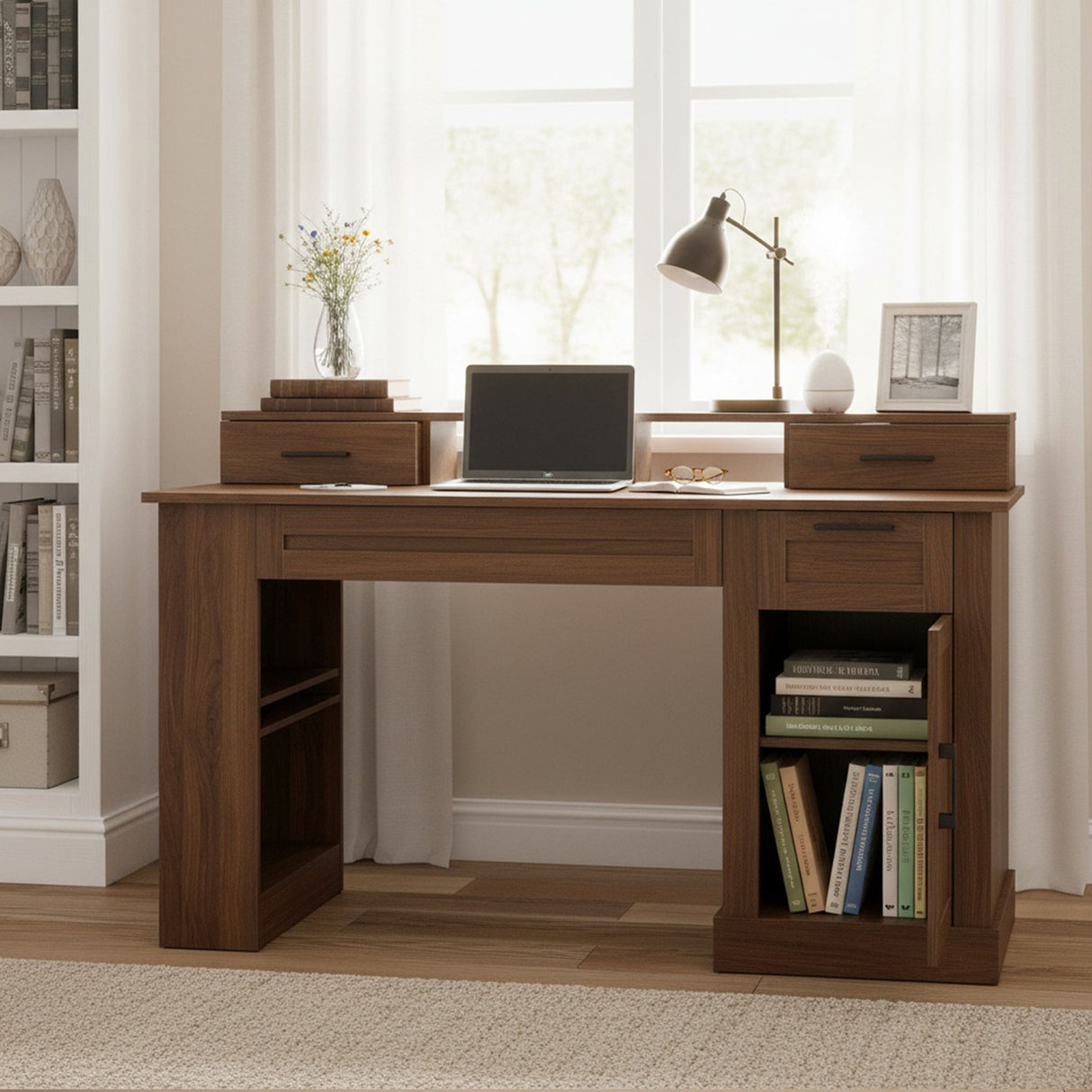 Office Desk With Storage Cabinet, Charging Station, Monitor Stand & Pegboard