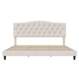 King Upholstered Platform Bed With Curved Adjustable Headboard And Diamond Tufted Details, No Box Spring Needed - Beige