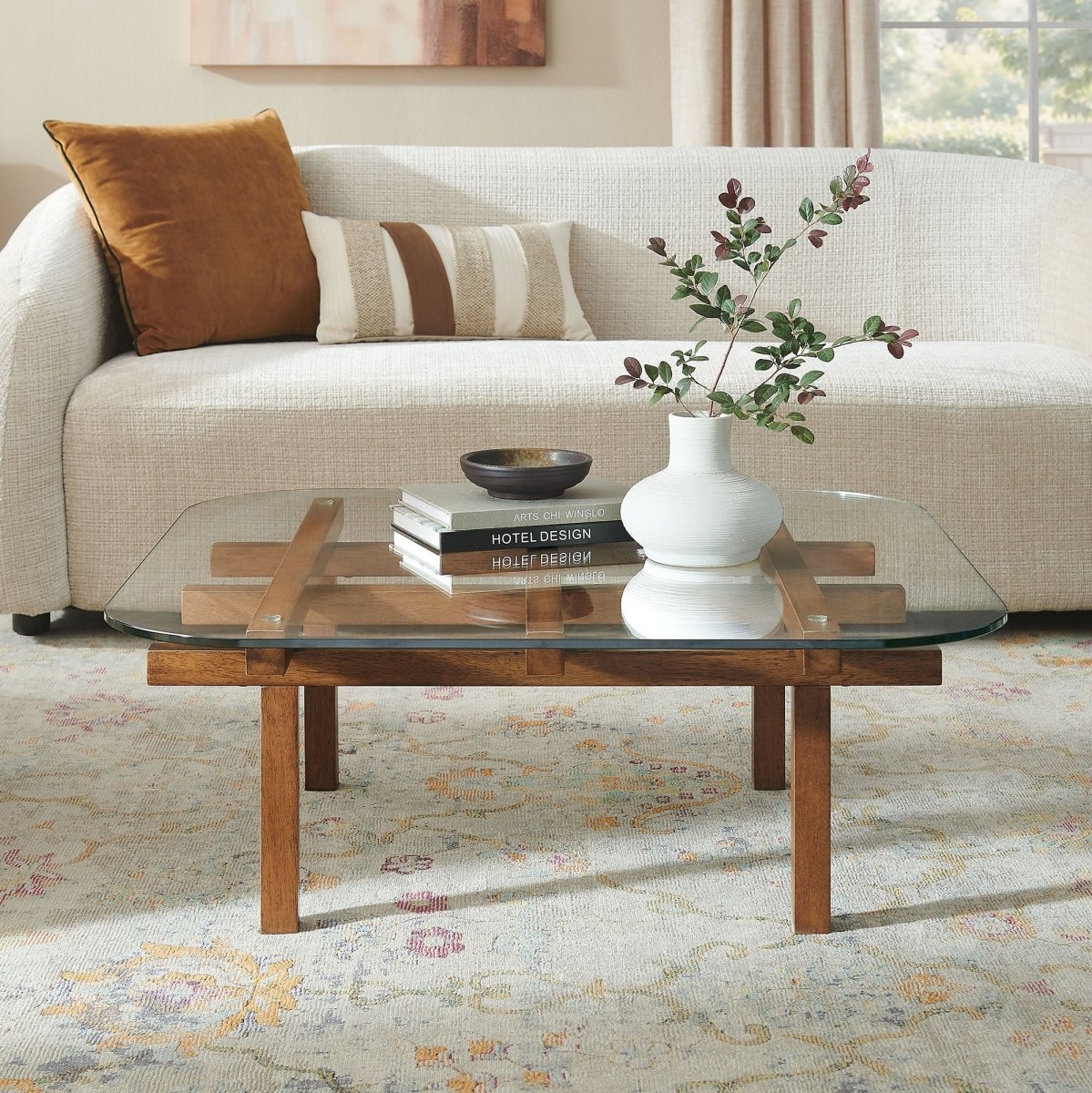 35 Inch Square Tempered Glass Coffee Table with Grid Wood Frame - Coffee Tables available at Alpine Outlets in Denver