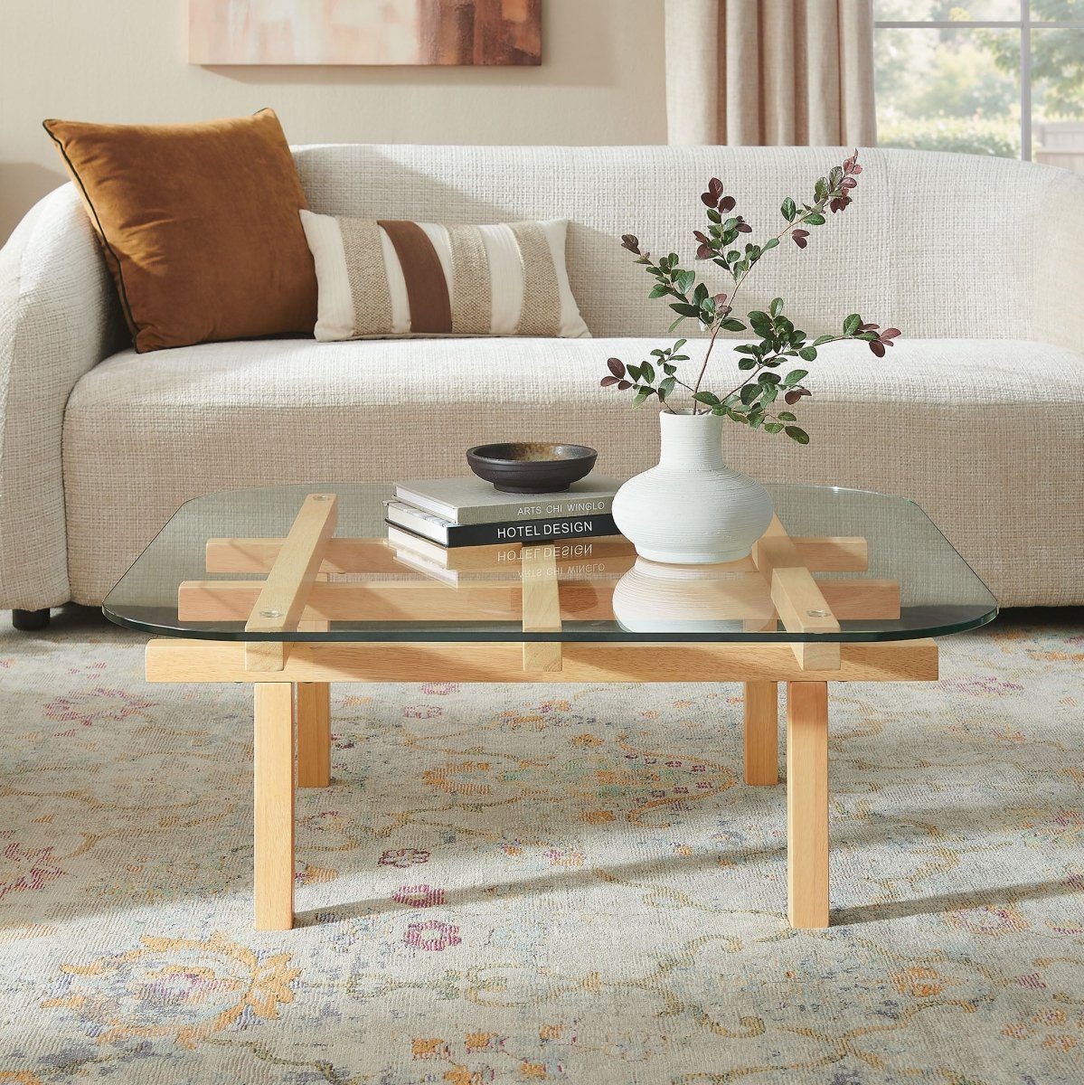 35 Inch Square Tempered Glass Coffee Table with Grid Wood Frame - Coffee Tables available at Alpine Outlets in Denver