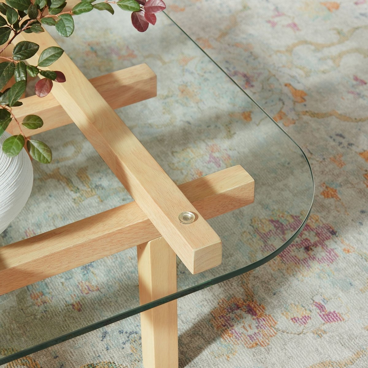 35 Inch Square Tempered Glass Coffee Table with Grid Wood Frame - Coffee Tables available at Alpine Outlets in Denver