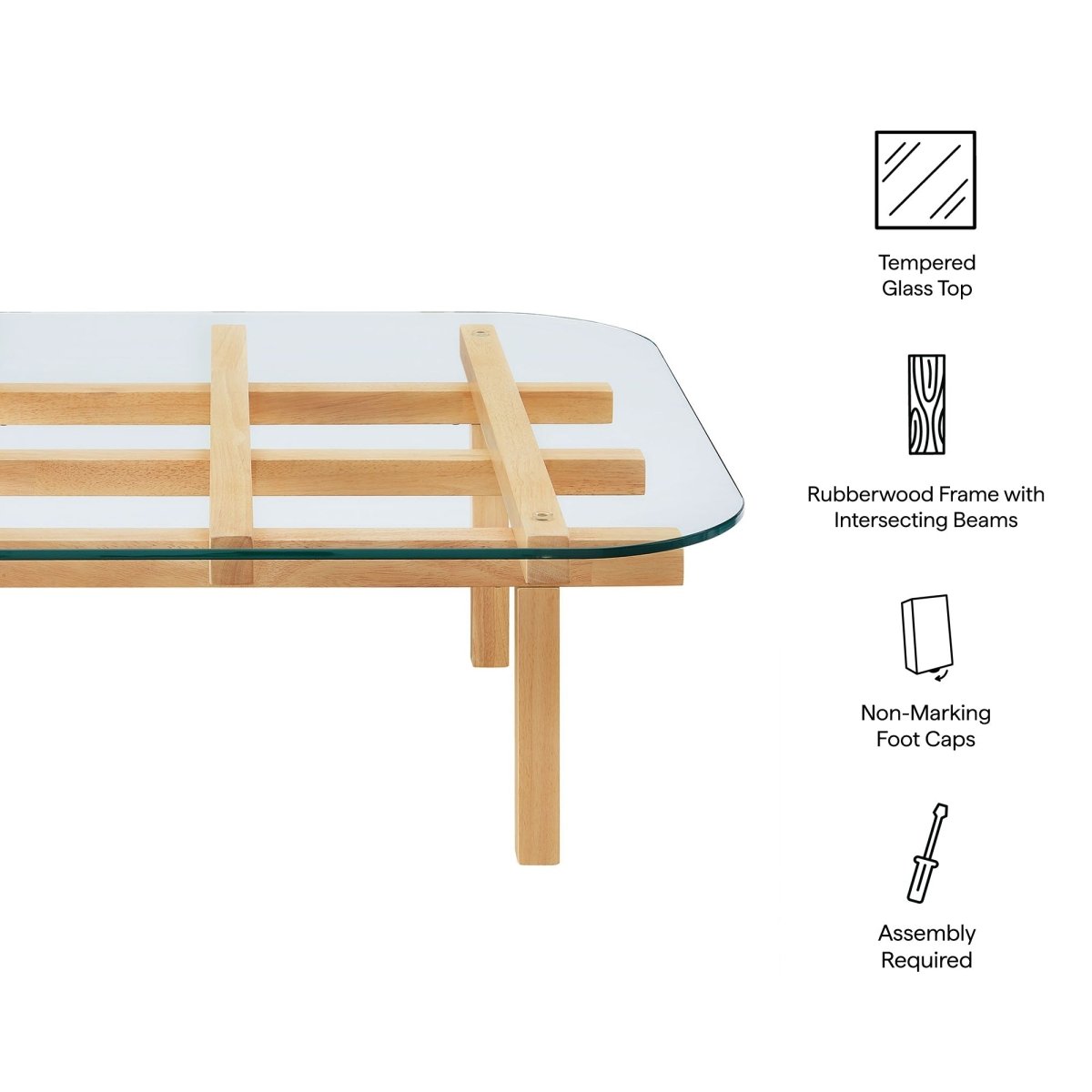 35 Inch Square Tempered Glass Coffee Table with Grid Wood Frame - Coffee Tables available at Alpine Outlets in Denver