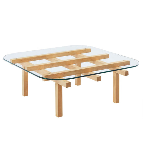 35 Inch Square Tempered Glass Coffee Table with Grid Wood Frame - Coffee Tables available at Alpine Outlets in Denver