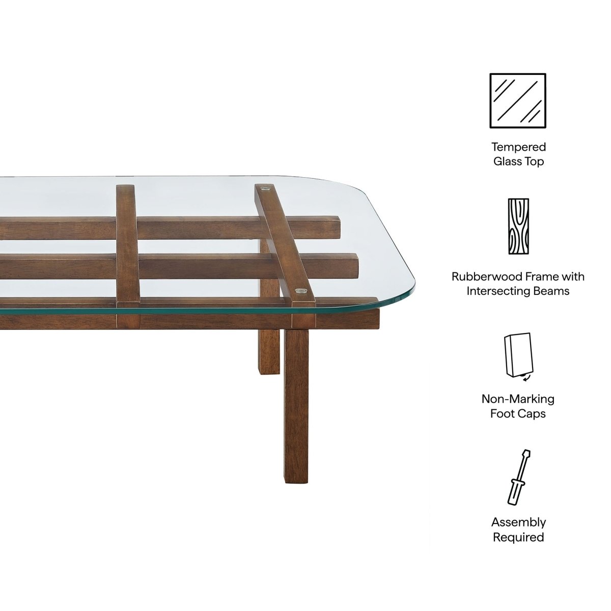 35 Inch Square Tempered Glass Coffee Table with Grid Wood Frame - Coffee Tables available at Alpine Outlets in Denver