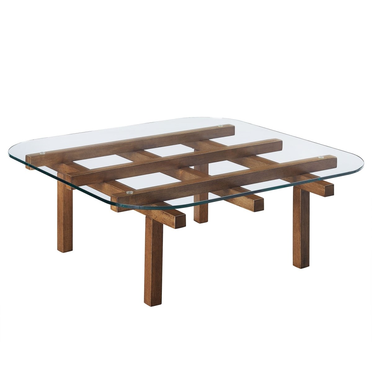 35 Inch Square Tempered Glass Coffee Table with Grid Wood Frame - Coffee Tables available at Alpine Outlets in Denver