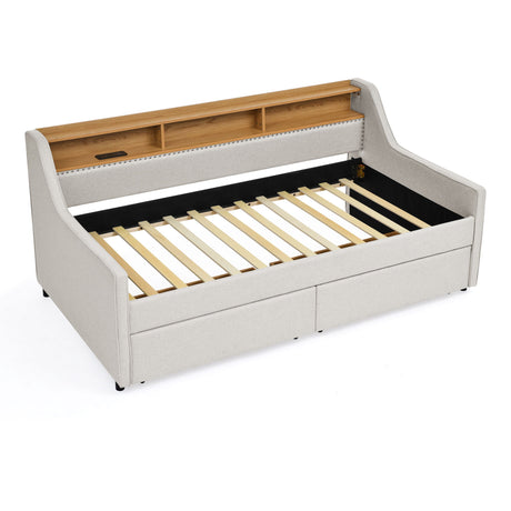 Twin Upholstered Sofa Bed With LED Lights, Storage Drawers, Adjustable Headboard & Wireless Charging - Beige