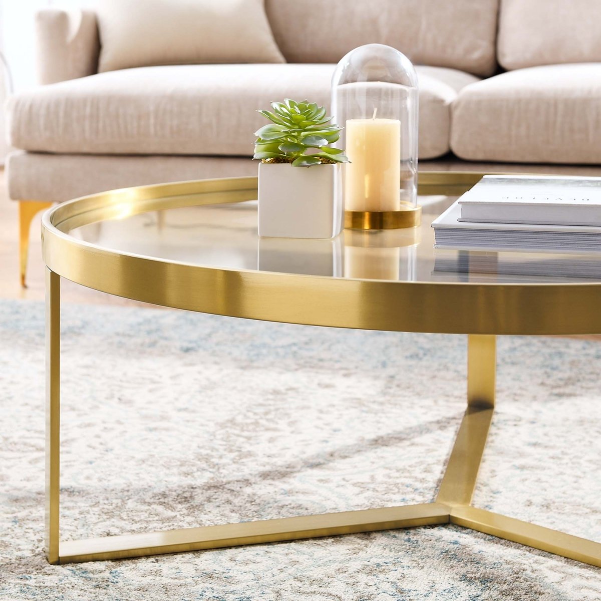 36 Inch Brushed Gold Round Glass Coffee Table - Coffee Tables available at Alpine Outlets in Denver