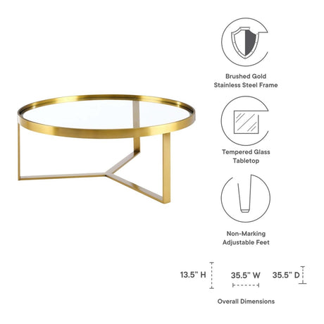 36 Inch Brushed Gold Round Glass Coffee Table - Coffee Tables available at Alpine Outlets in Denver