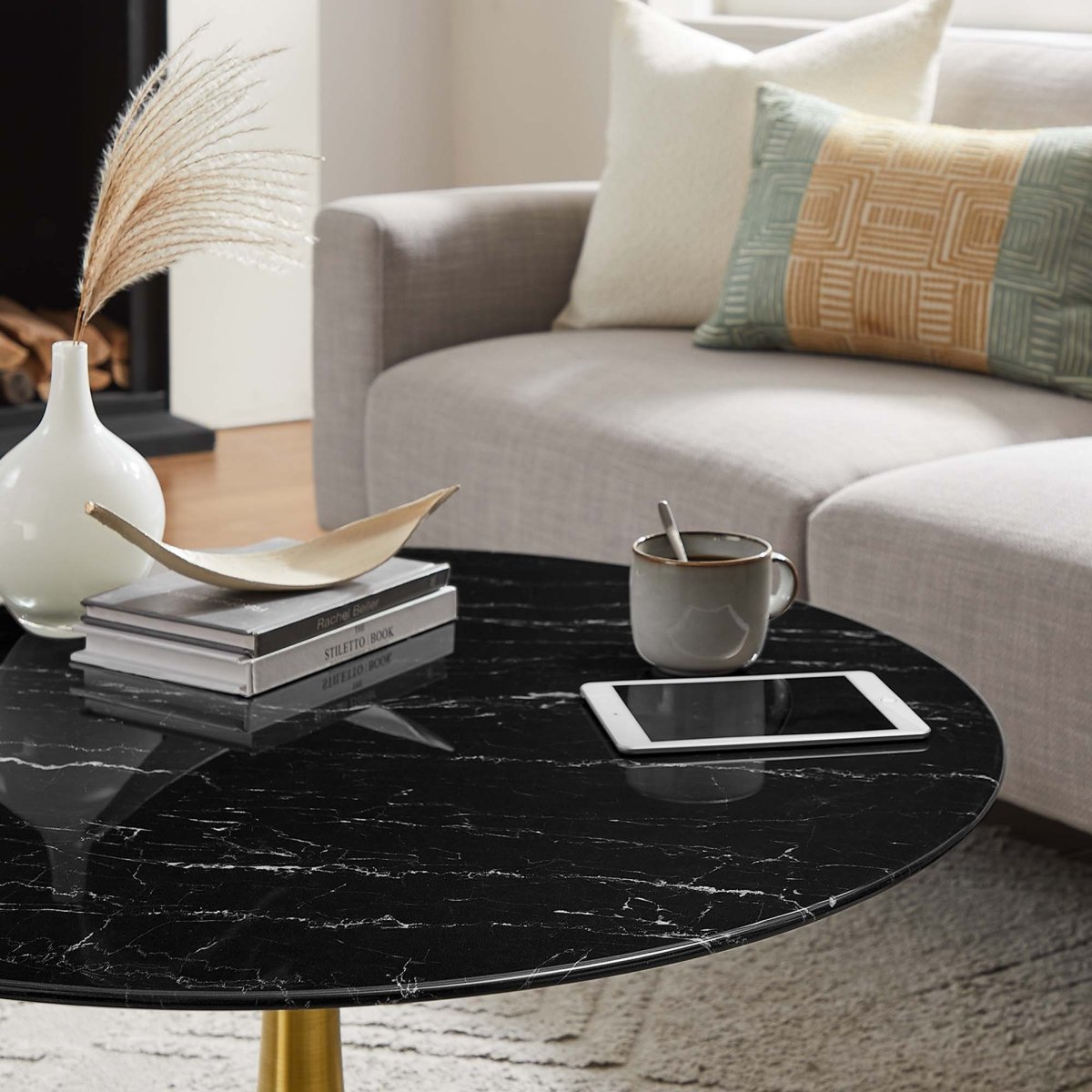 36 Inch Round Artificial Marble Pedestal Coffee Table - Coffee Tables available at Alpine Outlets in Denver