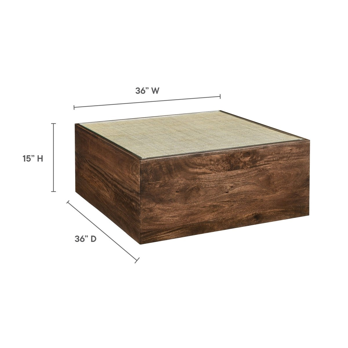 36 Inch Square Wood and Rattan Coffee Table with Glass Top in Walnut - Coffee Tables available at Alpine Outlets in Denver