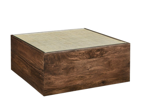36 Inch Square Wood and Rattan Coffee Table with Glass Top in Walnut - Coffee Tables available at Alpine Outlets in Denver