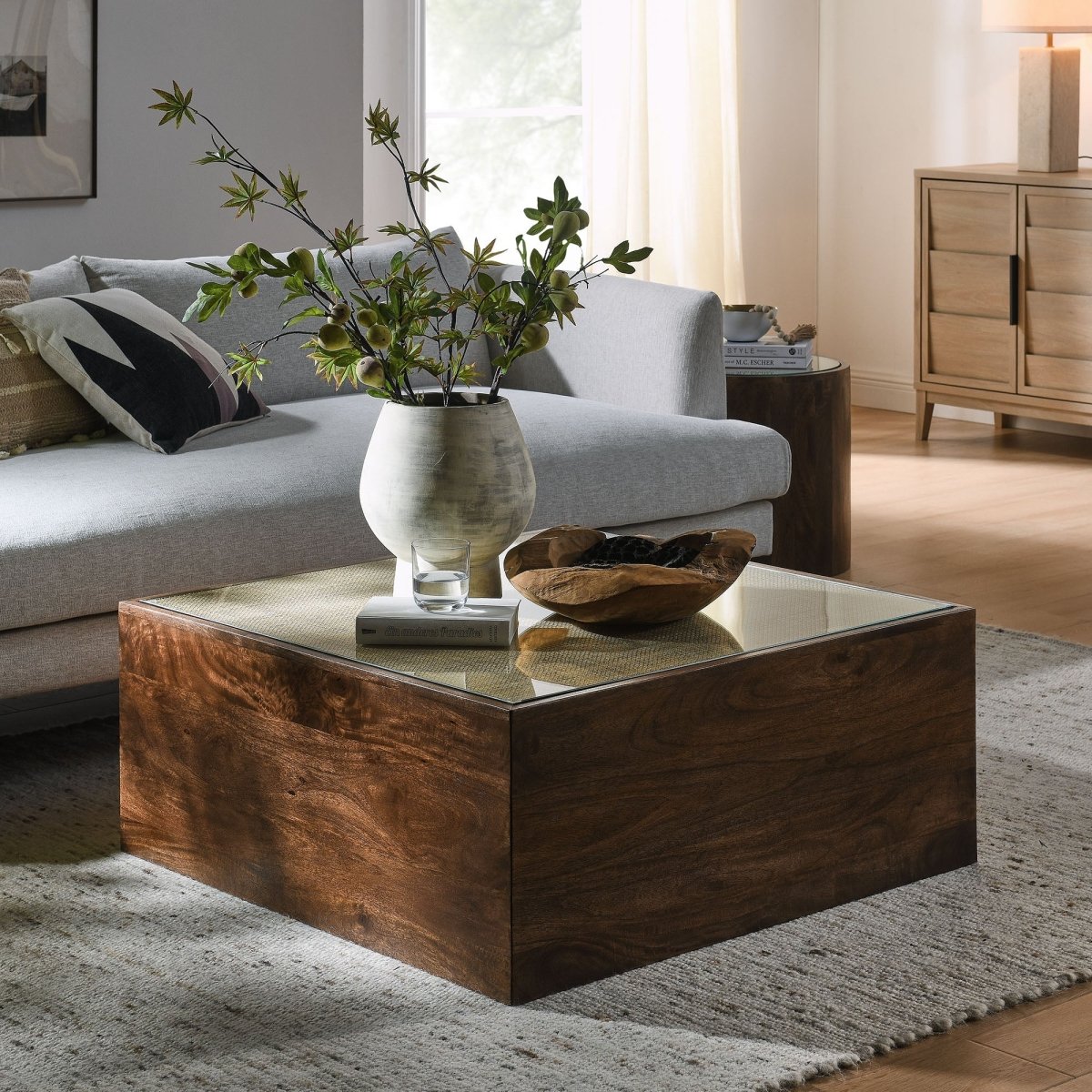 36 Inch Square Wood and Rattan Coffee Table with Glass Top in Walnut - Coffee Tables available at Alpine Outlets in Denver