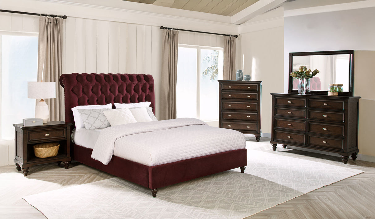 Devon Upholstered California King Panel Bed in Wine Red