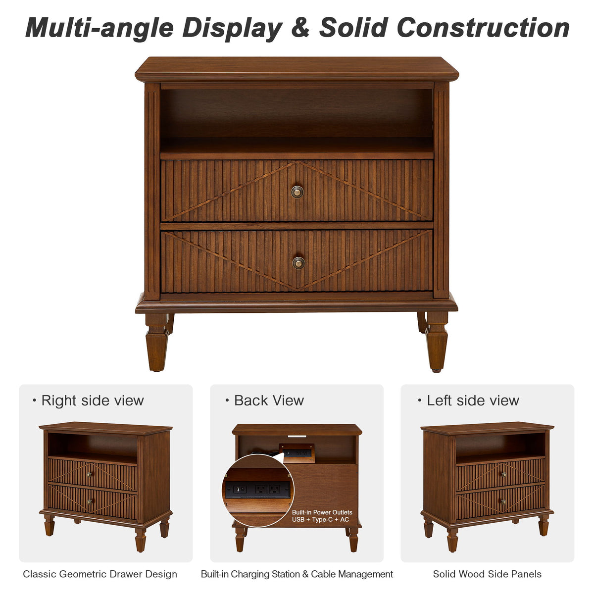 Nightstand With Charging Station, 2 Drawer Bedside Table - Walnut