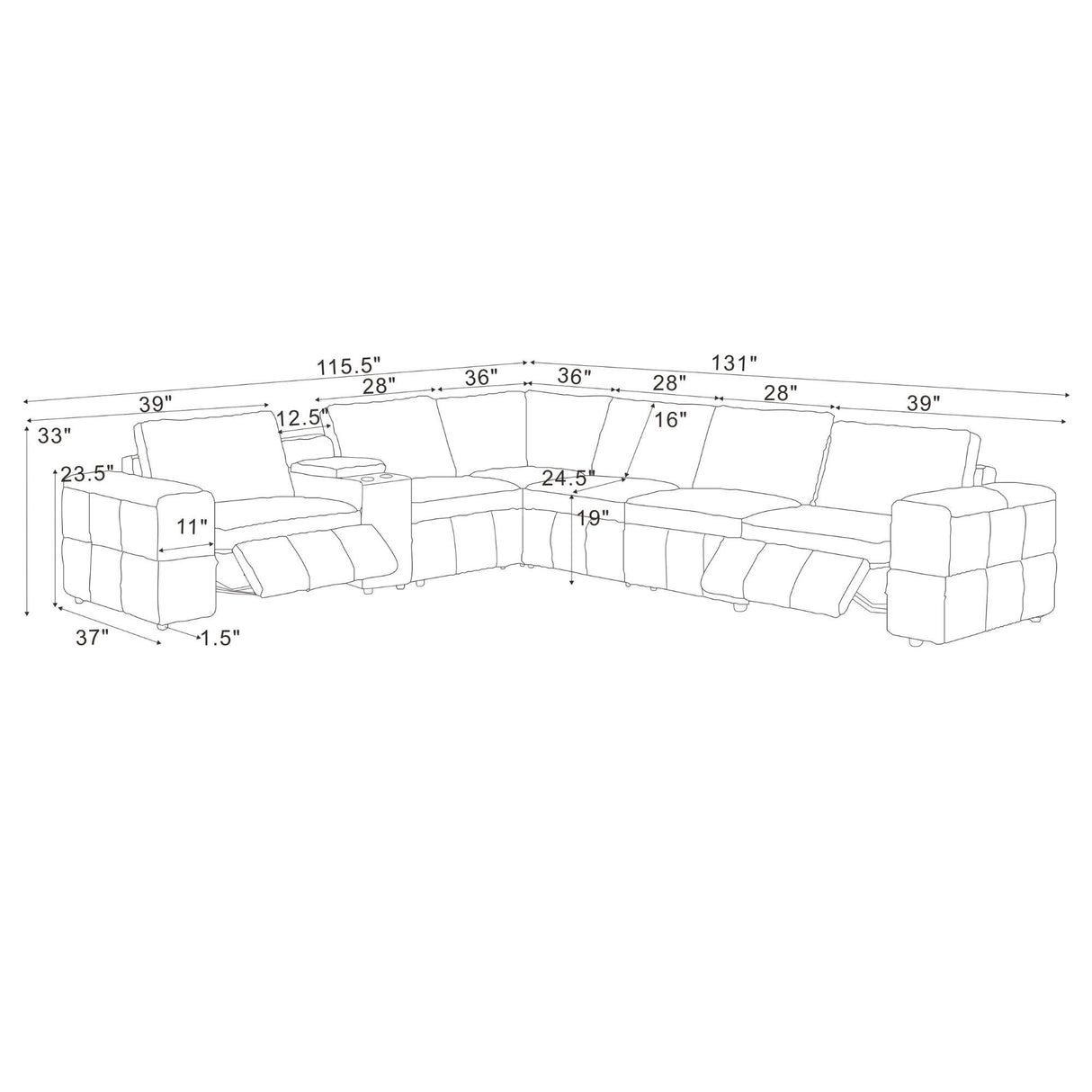 Upholstered Large Arms Sectional With Recliner Seats
