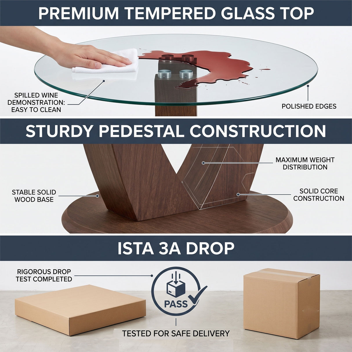 2 In 1 Round Glass Dining Table With Adjustable Curved Base, - Transparent / Walnut